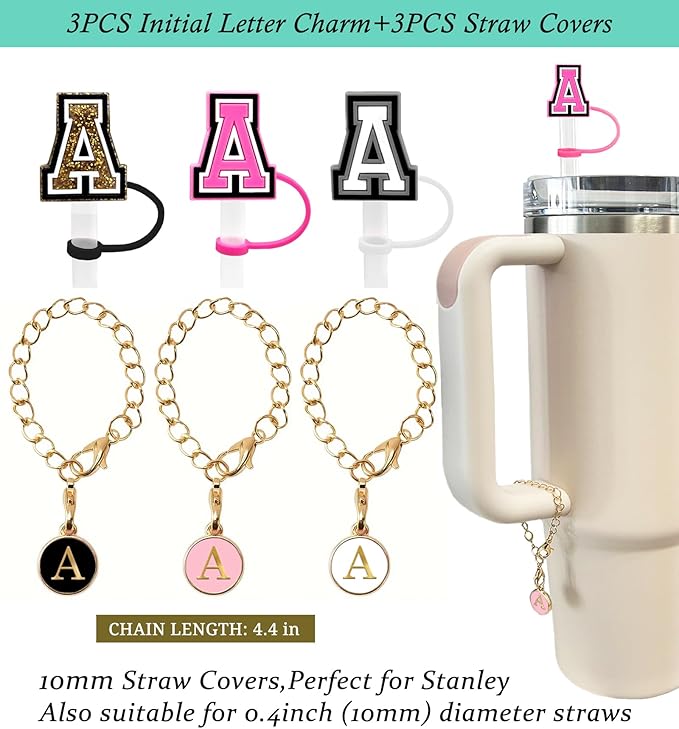 （3 +3) 3PCS Nuozme Straw Cover 10mm For Stanley Tumbler Cup Reusable Straw Cap Topper with 3 Initial Letter Charms Accessories Name ID Personalized Handle Charm For Stanley 30&40 Oz Cup Tumbler
