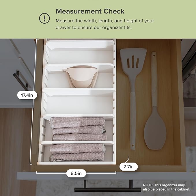 KitchenEdge Bamboo Kitchen Towel and Food-Storage Organizer, Perfect for Kitchen Drawers, Cabinets, Pantry, 5 Adjustable Wall Inserts, Non-Slip Feet, Organize Food Containers, Food-Safe White Finish