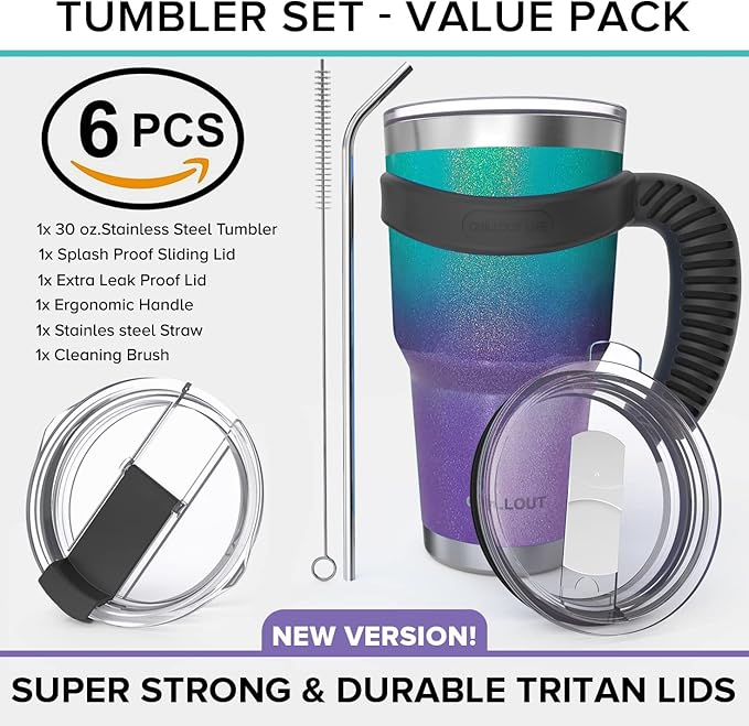CHILLOUT LIFE Stainless Steel Travel Mug with Handle 30 oz – 6 Piece Set. Tumbler with Handle, Straw, Cleaning Brush & 2 Lids. Double Wall Insulated Large Coffee Mug Bundle