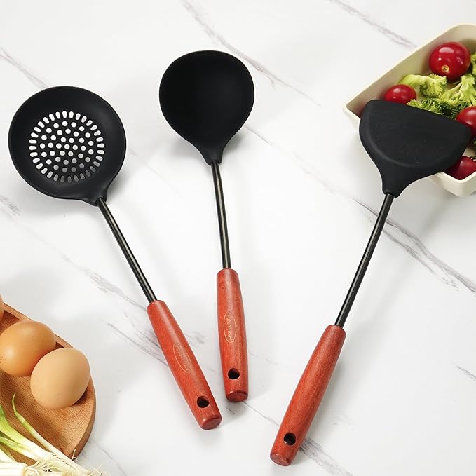 FJNATINH Wok Tools, Wok Utensil,Wok Spatula,Ladle,Skimmer Tool Set,Non Stick Heat-Resistant Silicone Cooking Utensils BPA Free Kitchen Utensils Cookware, Pack of 3,Black