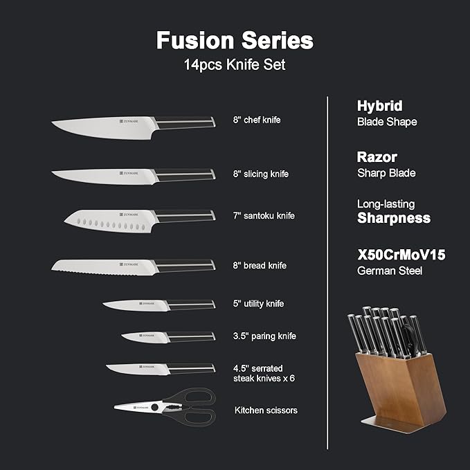 Kitchen Knife Set, 14 PCS Knife Sets for Kitchen with Block, X50CrMoV15 High Carbon German Steel Knife Set with 6X Serrated Steak Knife, Heavy