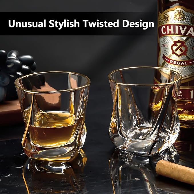 GLASKEY Crystal Whiskey Glasses Set of 2 with 24K Gold Rim,Bar Glasses,Twisted Whiskey Glass Gold Collection for Bourbon,Scotch and Wine,Rock Barware for Men Gift - 8oz