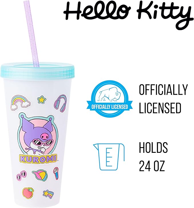 Silver Buffalo Sanrio Hello Kitty and Friends Sticker Design Featuring Kuromi, Keroppi, My Melody, and Hello Kitty 4 Pack Color Changing Plastic Tumbler Set with Glitter Straw, 24 Ounces