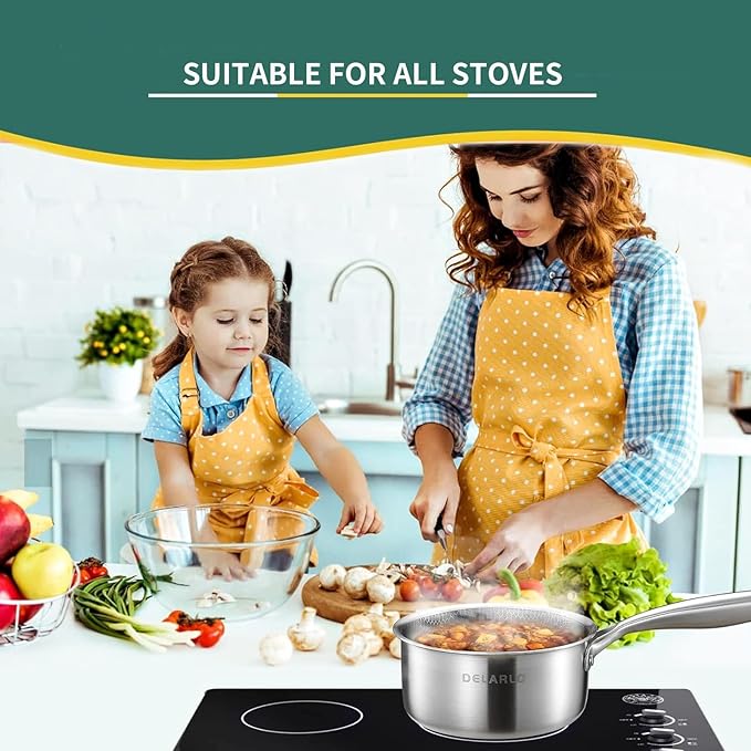 DELARLO Tri-Ply Hybrid Stainless Steel Saucepan, Hybird 1.5QT Non Stick Pots, All Stove Safe Up to 600℉, Sauce Pot 1.5 Quart Non Stick Sauce Pan, Saucier Pan, Honeycomb Pan,Small Saucepan, Lids 300℉