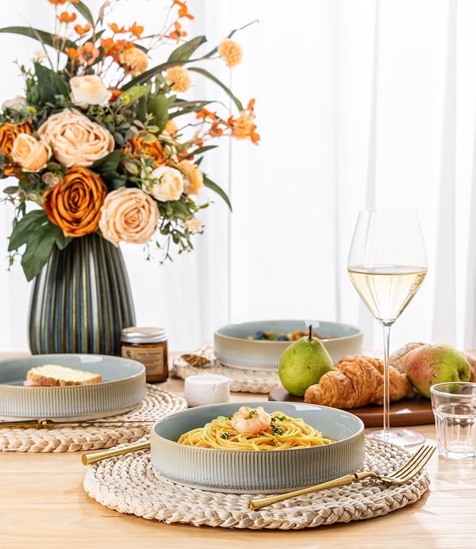 theterra 7.5'' Ceramic Pasta Bowls, Salad Bowls Set of 4, Stoneware Serving Bowls for Fruits, Noodle, Dinner, House-warming Wedding Present, Desert Sage