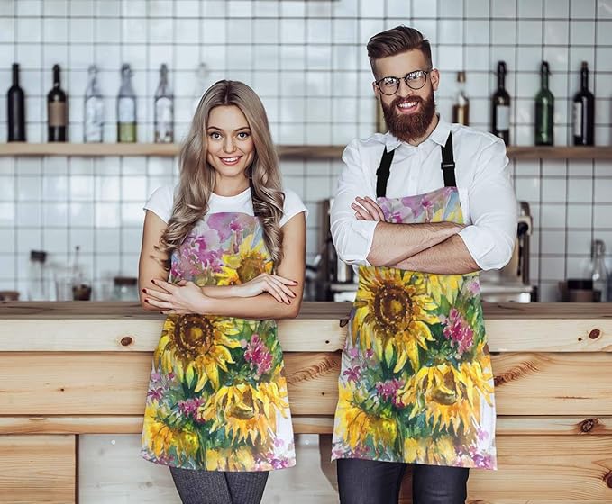 EKOBLA Sunflowers Aprons Abstract Bright Colored Floral Handmade Romantic Bouquet Nature Waterproof Resistant Chef Cooking Kitchen BBQ Adjustable Aprons for Women Men 27x31 Inch