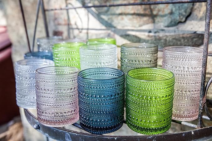 Fortessa Jupiter Beaded Hobnail Glass, 13 Ounce Iced Beverage (Set of 6), Fern Green