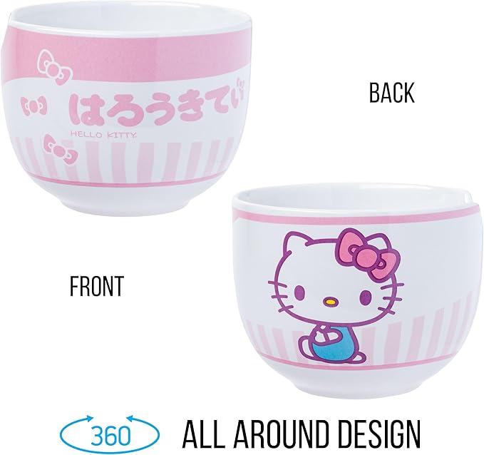 Silver Buffalo Sanrio Hello Kitty Pink Stripes Ceramic Ramen Bowl with Chopsticks, 20 Ounces