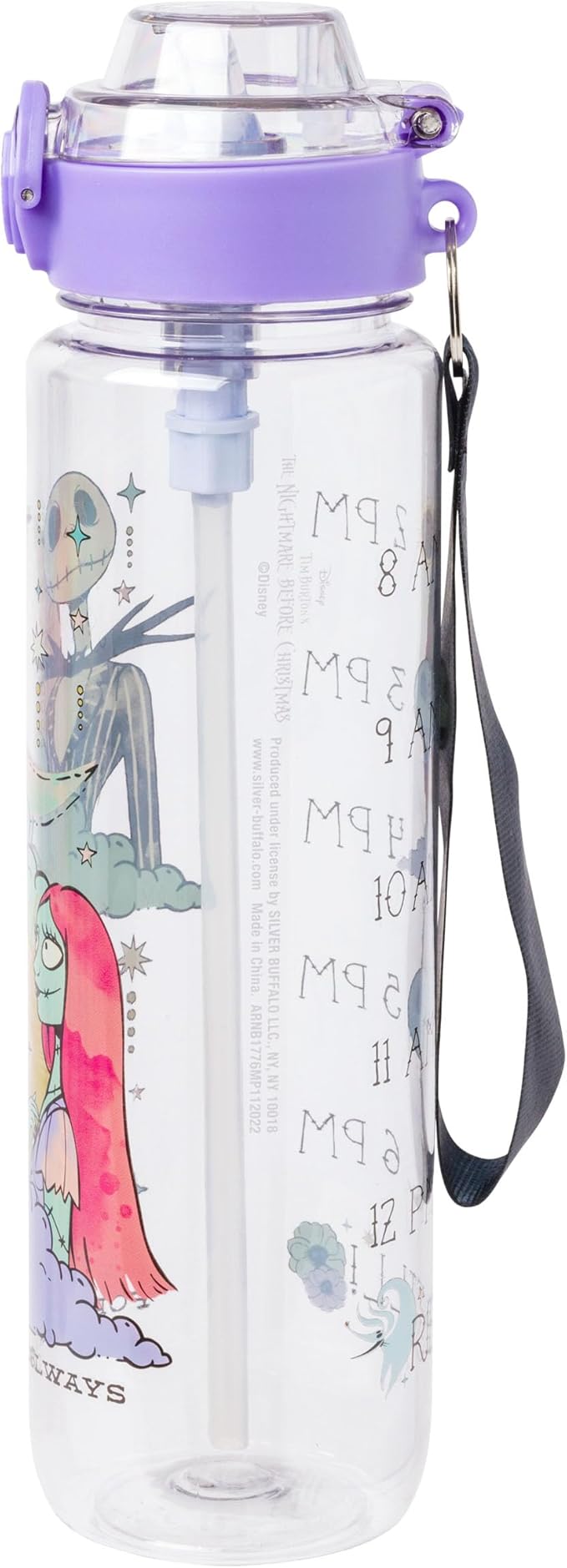 Silver Buffalo Disney Tim Burton's Nightmare Before Christmas Mystic Opulence Hydration Tracker Schedule Plastic Water Bottle With Locking Lid, Strap, and Straw, 33 Ounces