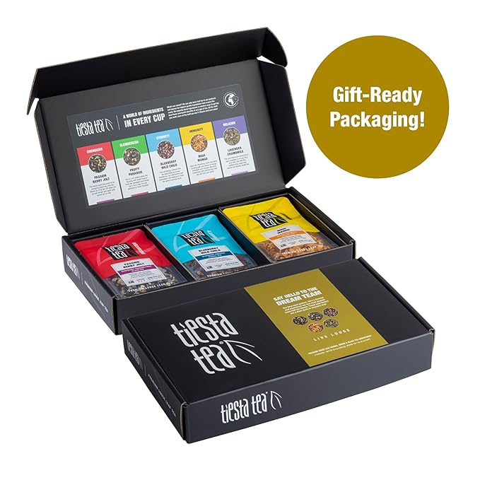 Tiesta Tea - Tiesta's Top Loose Leaf Tea Gift Box, High to Non-Caffeinated Variety Pack, Make Hot & Iced Brews, 5 Pouches of Assorted Blends with Green, Herbal, Black & Fruit Bags