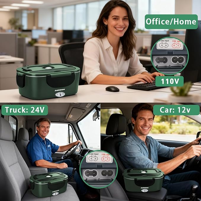 Electric Lunch Box for Adults – 1.5L 80W Heated Lunch Box with 12/24/110V, Portable Food Warmer with Stainless Steel Pot | Loncheras para Hombres de Trabajo,Green,2*Container