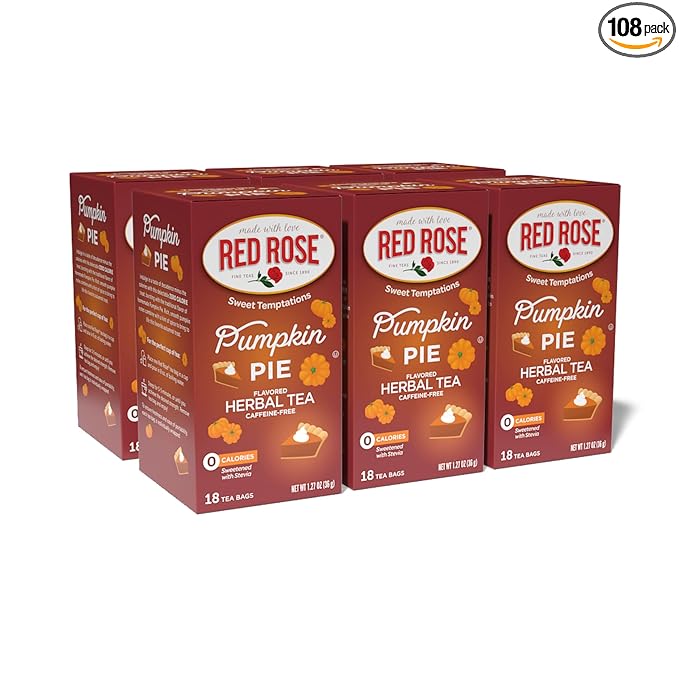 Red Rose Sweet Temptations Dessert Tea Pumpkin Pie, Zero Carbs, Zero Sugar Bursting with Flavor Caffeine-Free Delicious Beverage Herbal Tea, 18 Count Pack of 6 Fruit Naturally Flavored Black Tea