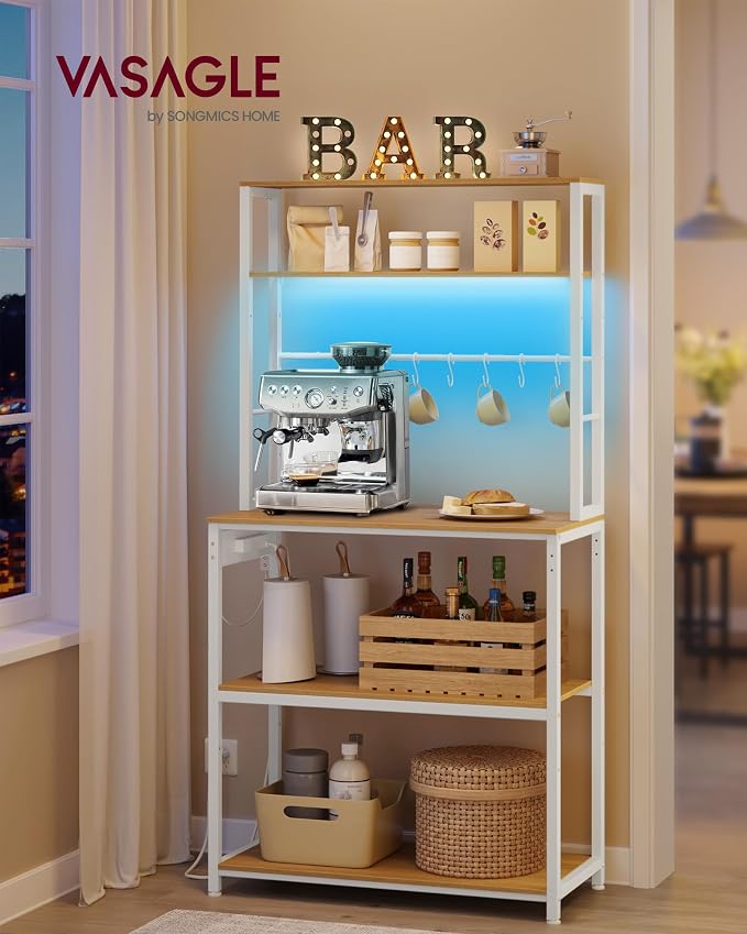 VASAGLE Coffee Bar with LED Lights, Kitchen Bakers Rack with Power Outlet - Image 2