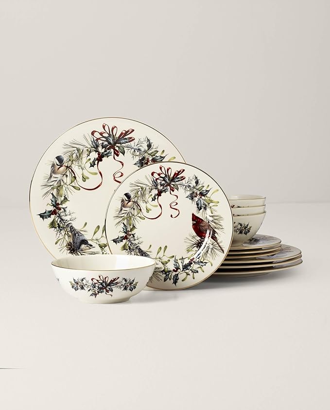 Lenox 894540 Winter Greetings 12-Piece Dinnerware Set, Red & Green, 12 Count, Christmas, Holiday Hosting
