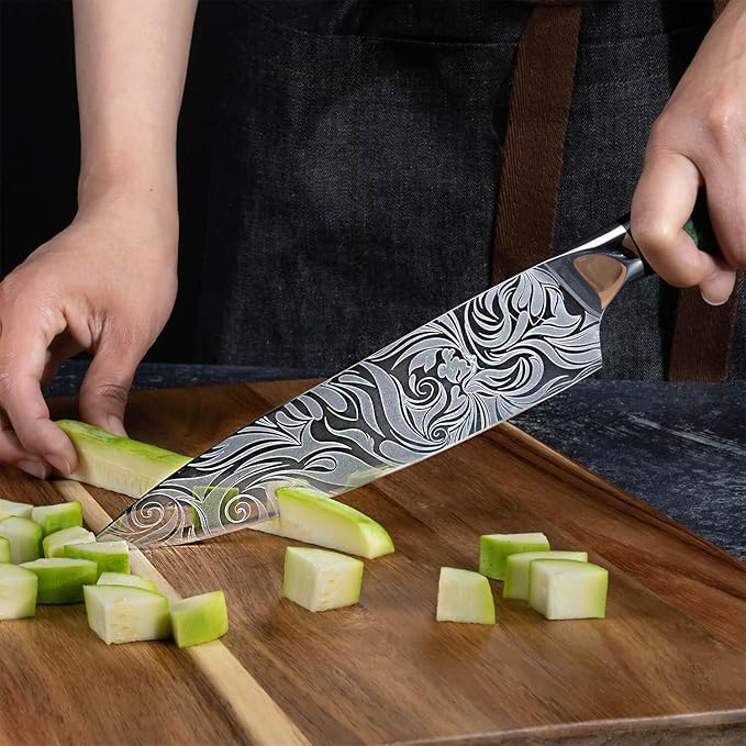 SENKEN 8-piece Engraved Japanese Kitchen Knife Set & Beautiful Green Resin Epoxy Handles - Wasabi Collection - Chef's Knife, Bread Knife, Cleaver Knife, Paring Knife, & More