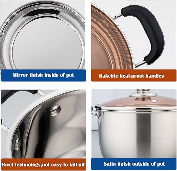 3 Quart Stock Pot with Lid, P&P CHEF Stainless Steel Cooking Pot Stockpot for Soup and Pasta, Heat-proof Handle & Glass Lid, Dishwasher Safe & Non Toxic
