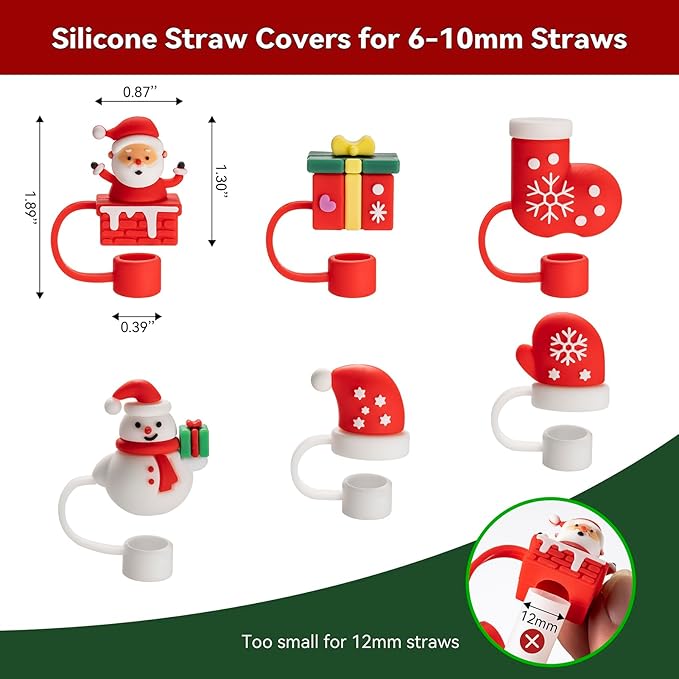Straw Cover Cap for Stanley Cup 30 40 oz, Silicone Straw Toppers Christmas Hat, Tumbler Cup Accessories for 10mm 0.4in Straws Cute Christmas Ornaments Gifts for Women