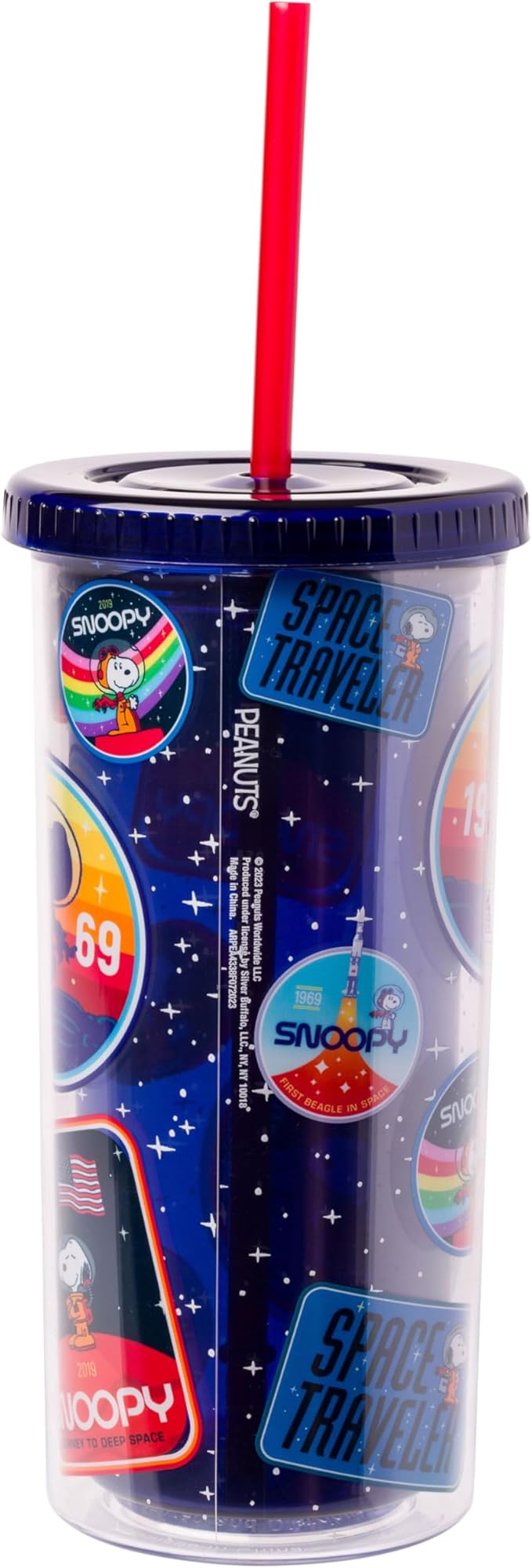 Silver Buffalo Peanuts Space Traveling Patches Featuing Snoopy Plastic Tall Cold Cup with Lid and Straw, 20 Ounces