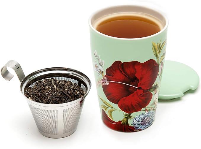 Tea Forte Double-Walled Ceramic Kati Cup, Removable Stainless Steel Infuser Basket and Lid, Steeps 12 oz Loose Leaf Tea, Dishwasher & Microwave Safe, Fleur