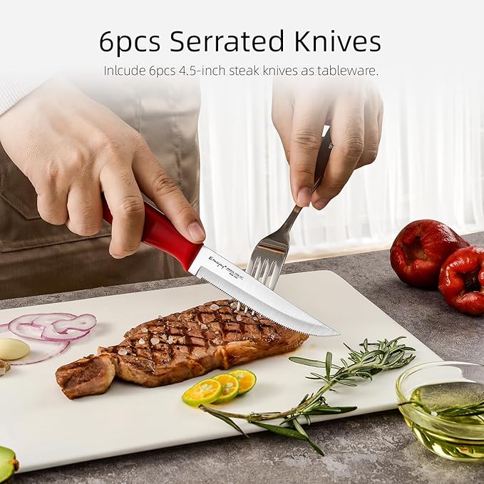 Emojoy 15-Piece Kitchen Knife Set with Wooden Block, German Stainless Steel Sharp Chef Knife Set, Dishwasher Safe and Rust Proof (Red)