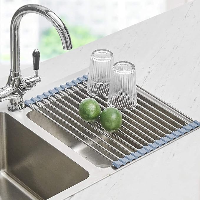 Roll Up Dish Drying Rack Over Sink Over The Sink Dish Drying Rack Kitchen Dish Drainer, Folding Dish Rack for Kitchen Sink Counter Stainless Steel Mat Foldable Dish Dryer Racks 17.5" x 13.7"