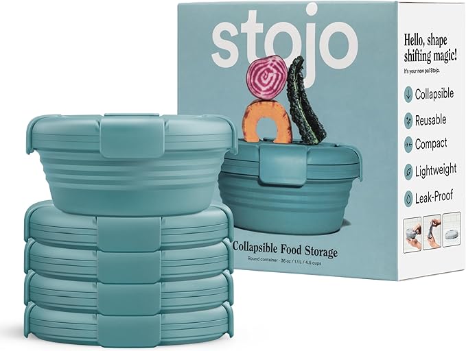 STOJO Collapsible Bowl 5 Set - Eucalyptus, 36oz - Reusable Silicone Bowl for Hot and Cold Food - Perfect for Travel, Meal Prep, To-Go Lunch, Camping & Hiking - Microwave & Dishwasher Safe