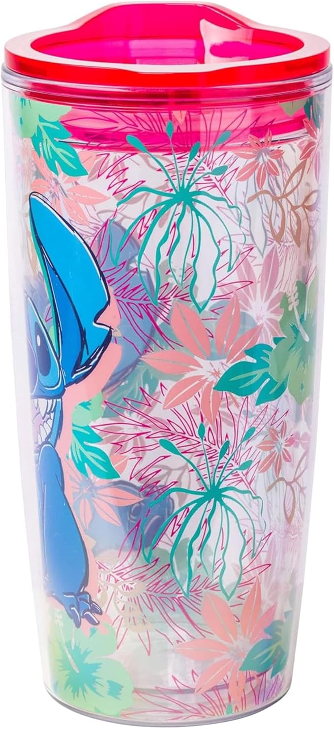 Silver Buffalo Disney Lilo and Stitch Floral Tropical Abstract Red Double Wall Travel Tumbler with Slide Close Lid, 20 Ounces