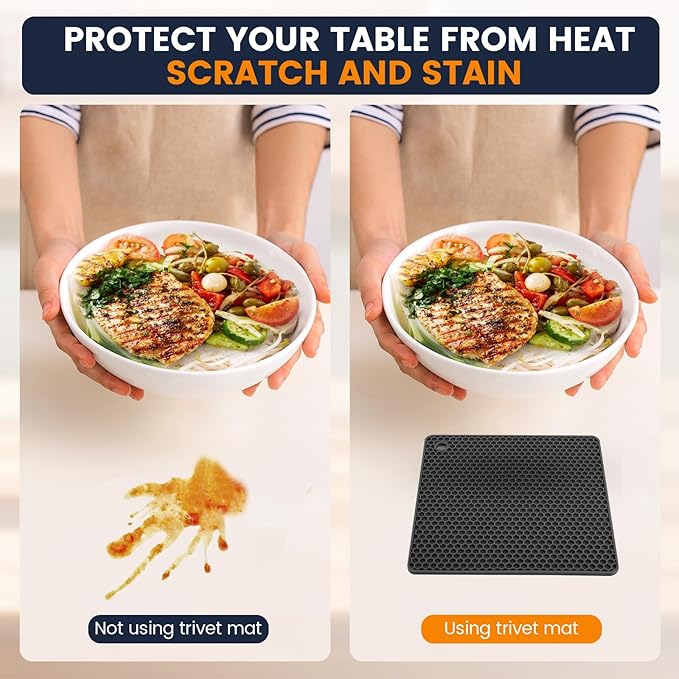 Silicone Trivet Mats 4 Heat Resistant Pot Holders Multipurpose Non-Slip Hot Pads for Kitchen Potholders, Drying mat, Jar Opener, Spoon Holder, Coaster.(Dark Black)