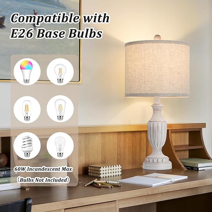 TOBUSA Farmhouse Living Room Table Lamps Set of 2, Antique Bedside Desk Lamps - Image 3