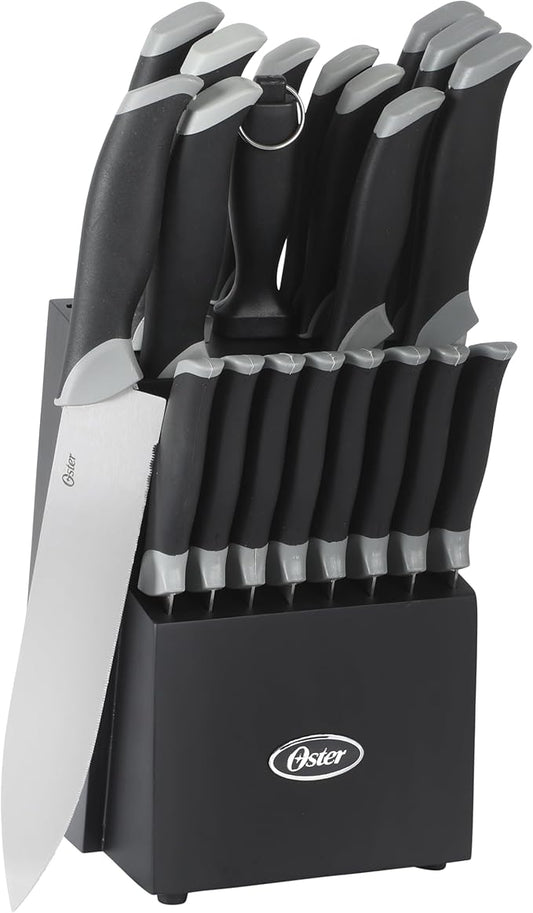 Oster Lindbergh 22 Piece High Carbon Stainless Steel Cutlery Kitchen Knife Block Set w/Black Knife Block - Black Handle - Cuchillos Para Cocina