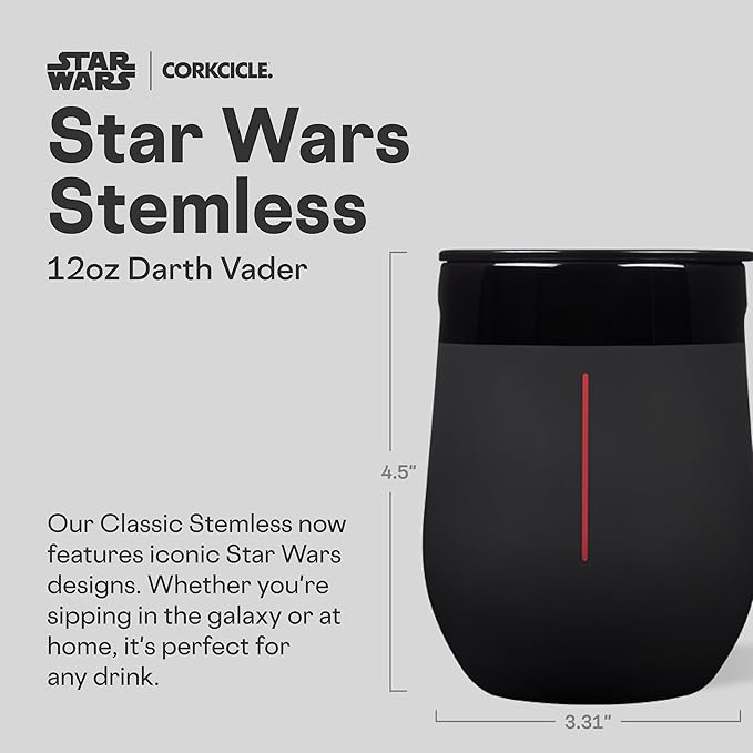 Corkcicle Stemless Insulated Wine Glass Tumbler - Keeps Beverages Cold 6 Hours & Hot 3 Hours - Stainless Steel - Easy-Grip - Summer Drinkware Gift - Keeps Drinks Ice Cold - 12 oz - Darth Vader