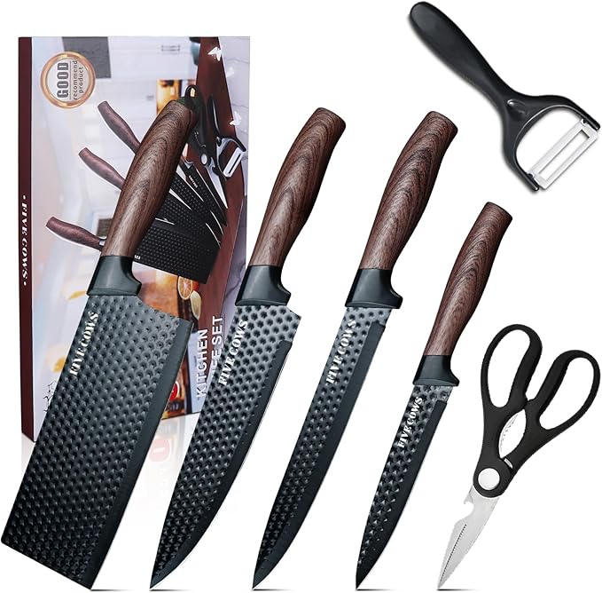 6 Pcs Kitchen Knife Block Set German High Carbon Stainless Steel Chef Knives, Razor-Sharp & Durable, Lightweight Anti-Slip Handle, Professional Set for Home & Kitchen (Brown 6 Piece)