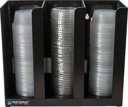 San Jamar Portion Cup and Lid Organizer Fits 2-3" Cups and Lids with Removable Dividers for Kitchen, Restaurant, and Fast Food, Plastic, 10 x 11.5 x 3.75 Inches, Black