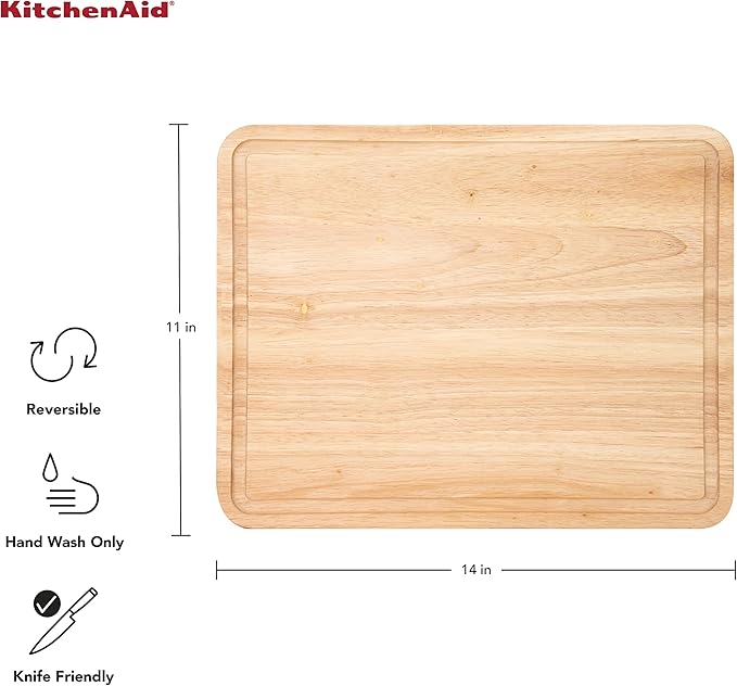 KitchenAid Classic Rubberwood Cutting Board with Perimeter Trench, Reversible Chopping Board, 11-inch x 14-Inch, Natural