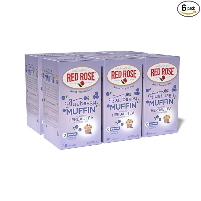 Red Rose Sweet Temptations Dessert Tea Blueberry Muffin, Zero Carbs, Zero Sugar Bursting with Flavor Caffeine-Free Delicious Beverage Herbal Tea, 18 Count Pack of 6 Fruit Naturally Flavored Herbal Tea