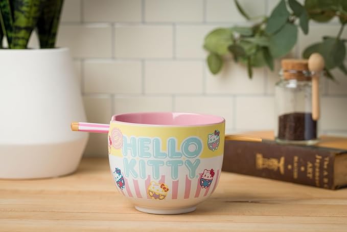 Silver Buffalo Sanrio Hello Kitty Pastel Colored Ceramic Ramen Noodle Rice Bowl with Chopsticks, Microwave Safe, 20 Ounces