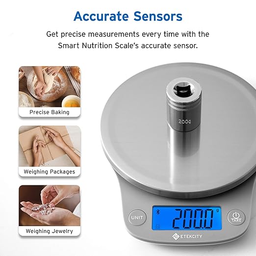 Etekcity Nutrition Smart Food Kitchen Scale, Digital Ounces and Grams for Cooking, Baking, Meal Prep, Dieting, and Weight Loss, 11 Pounds-Bluetooth, 304 Stainless Steel