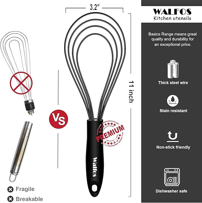 Walfos Silicone Flat Whisk,11inch Flat Whisk Non Scratch Coated Flat Whisks for Cooking.Great for Ceramic Coated pans and Wider shallower pots.Black