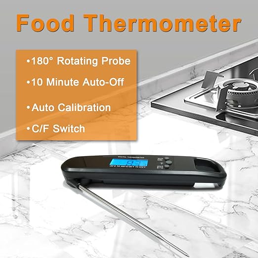Meat Thermometer Digital, IP67 Waterproof Cooking Thermometer with Backlight & Hold Function, Instant Read Food Thermometer for Cooking, Outdoor Grilling, Candy Making (Black)