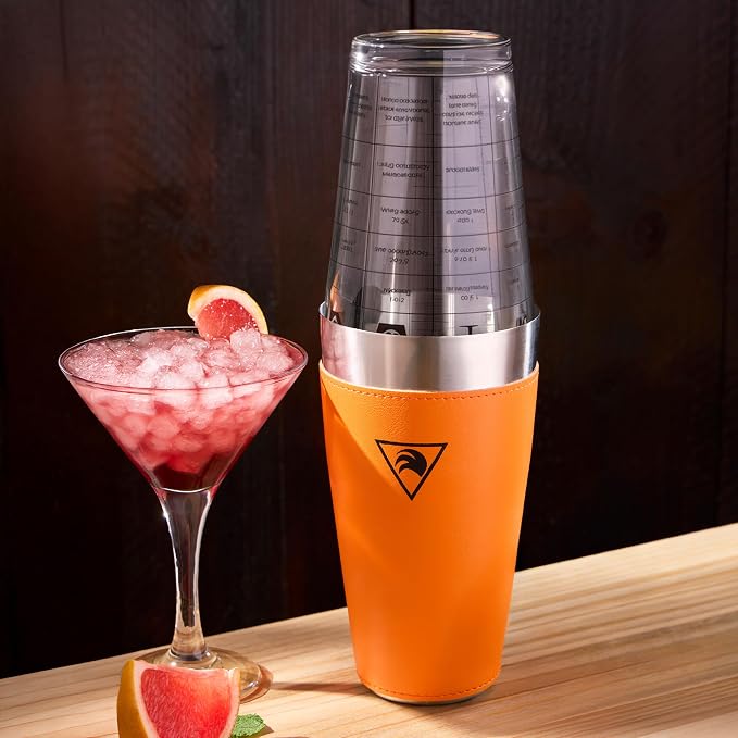 Glass Boston Cocktail Shaker - 15 oz & 27 oz - 28x10cm - Orange Leather Cover - Image 2