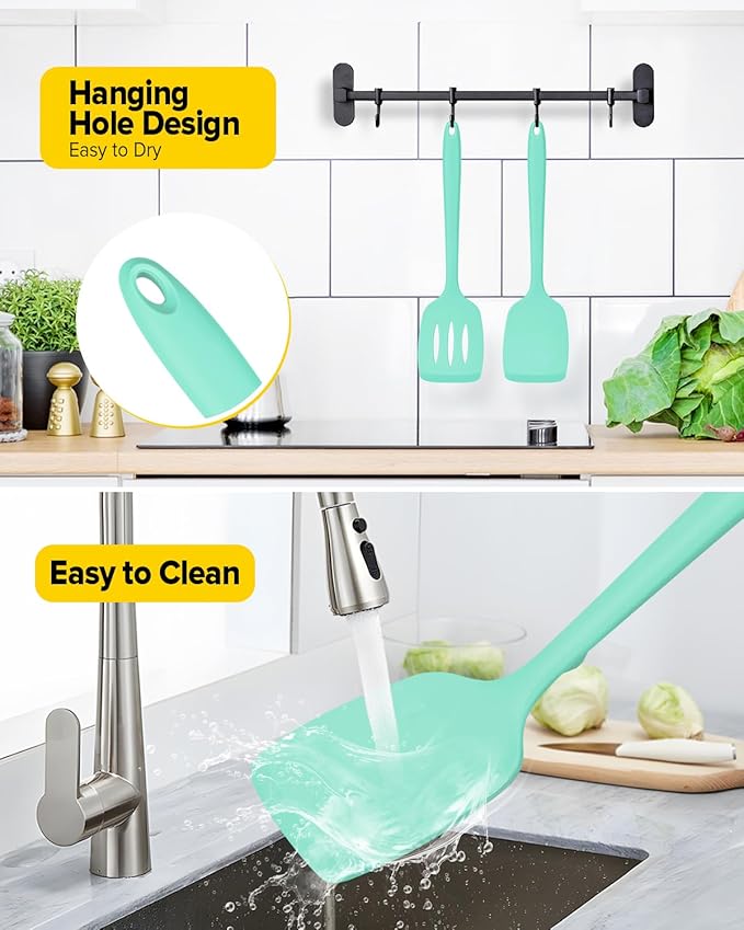 Pack of 2 Silicone Spatula Turners, Non Stick Slotted Kitchen Spatula Set, Heat Resistant BPA Free Kitchen Utensils, One-Piece Design, Suitable for Flipping Fish, Eggs, Steak, Pancakes (GREEN)