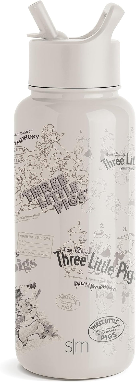 Simple Modern Disney Three Little PigsWater Bottle with Straw Lid Vacuum Insulated Stainless Steel Metal Thermos | Gifts for Women Men Reusable Leak Proof Flask | Summit Collection | 32oz