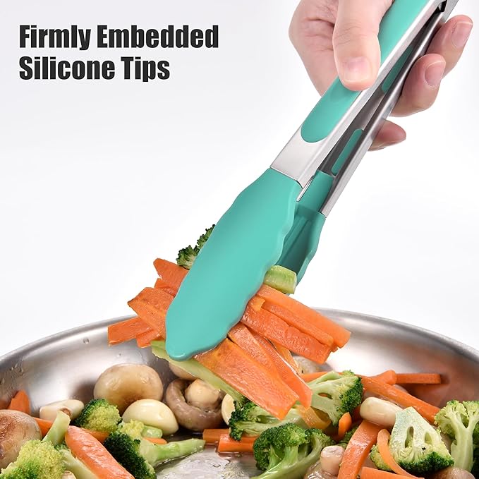Doosu Kitchen Tongs for Cooking - 600°F Heat Resistant Food Tong with Non-Scratch Silicone Tips, Heavy Duty Stainless Steel Locking Tong for BBQ, Grilling Steak, Serving Salad, Pasta (9in, Aqua Sky)