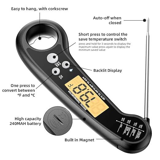 Instant Read Meat Thermometer for Grill and Cooking, Fast and Accurate Digital Food Thermometer with Backlit bi-fold Probe for Kitchen ovens, Frying, Candy, Steak (Black)