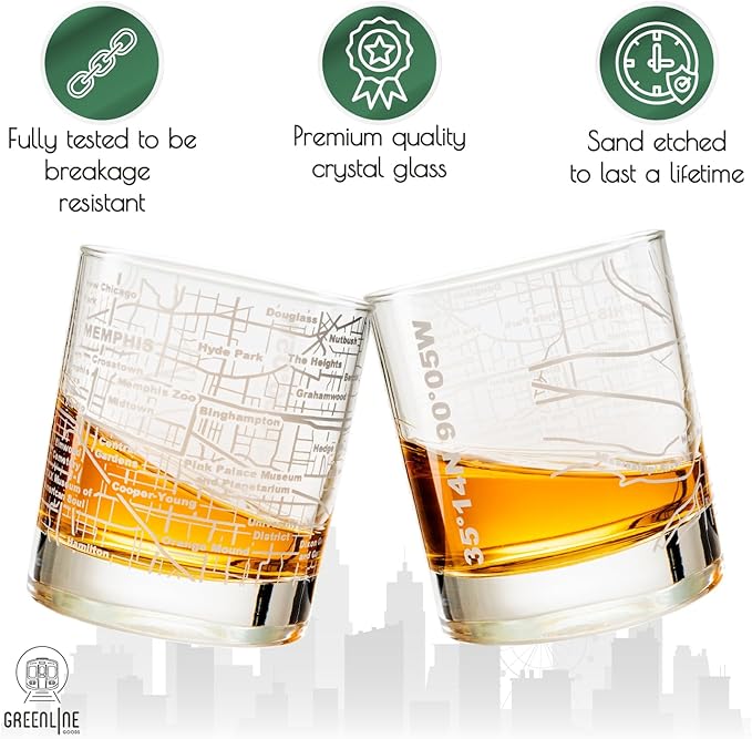 Greenline Goods Whiskey Glasses - 10 Oz Tumbler Set for Memphis lovers, Etched with Memphis City Map Old Fashioned Rocks Glass - Set of 2
