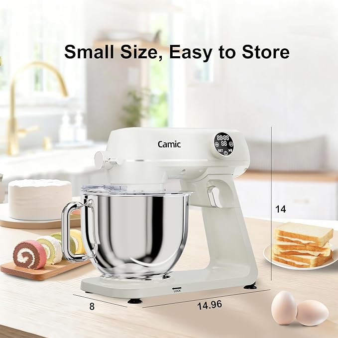8.45 QT All Metal Dough Mixer,10 Speed Large Capacity Kitchen Stand Mixer with Digital Timer & Tilt-Head, Electric Mixer with Whisk Dough Hook Mixing Beater for Baking,Cakes,Cookie,Bread,Salad(White)