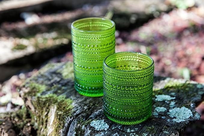 Fortessa Jupiter Beaded Hobnail Glass, 10 Ounce Double Old Fashioned (Set of 6), Fern Green