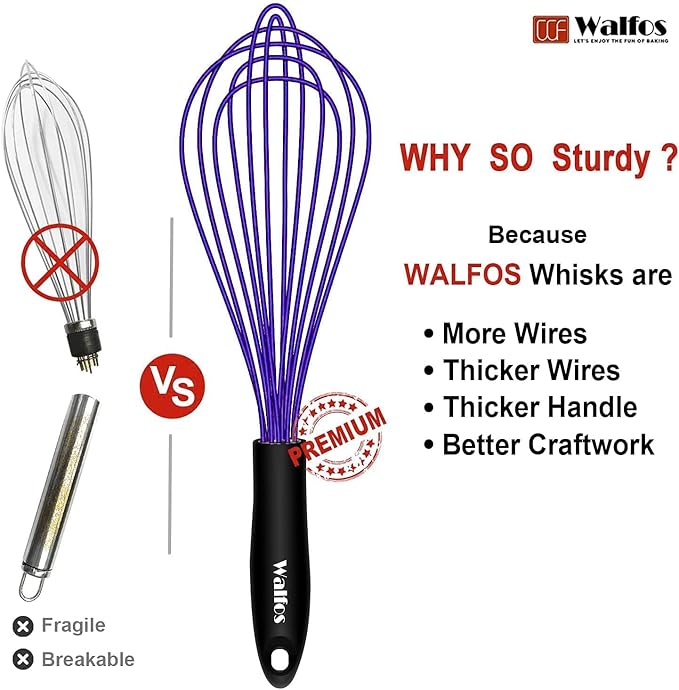 Walfos Whisk,7+9+11in Silicone Whisks for Cooking Non Scatch,Kitchen Whisk,BPA Free and Heat Resistant 480°F,Wisk Perfect for Frothing,Blending,Beating.Dishwasher Safe 3pcs Dark Purple