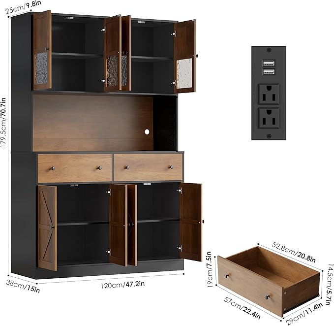 FINETONES 71" Pantry Cabinet with LED Light and Charging Station, Farmhouse Kitchen Pantry Cabinet with Microwave Stand, 47.2" Wide Kitchen Hutch Food Pantry with Open Countertop, Black/Brown
