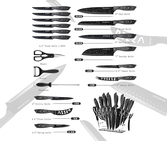 all in one Kitchen Knife Set with Block, 19 PCS High Carbon Stainless Steel Sharp Serrated Steak Knives Set, Chef Knives, Bread Knife, Scissor, Sharpener,